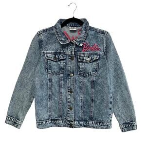 Barbie Mattel Embroidered Logo Denim Jacket Girl's Sz XL Acid Wash Barbiecore